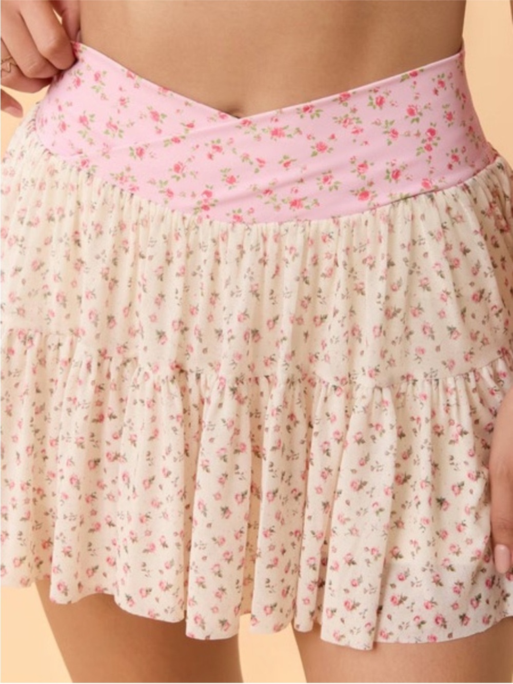 Blogilates Ballerina Skort – Pink & Cream Floral Tiered Mini Skirt Shorts XL